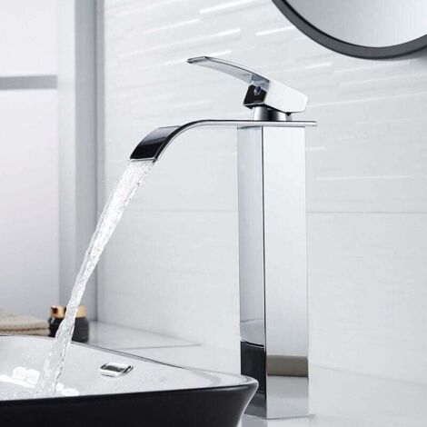 Moderno rubinetto per lavabo a cascata alto, rubinetto per bagno dal design elegante, miscelatore per lavabo alto in ottone con maniglia singola, acqua calda e fredda disponibile