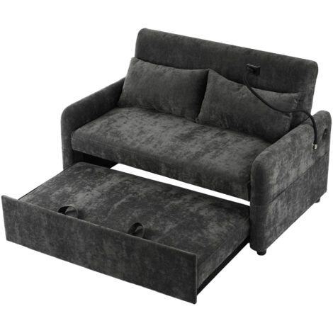 Moderno sofá cama doble plegable gris, con respaldo ajustable, soporte para teléfono móvil y puerto de carga USB, ideal para sala de estar, dormitorio y apartamentos con cine en casa.