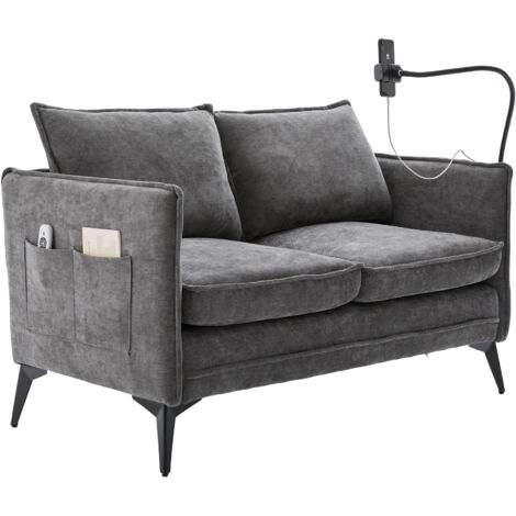 Moderno sofá de dos plazas de tela gris, silla ergonómica con bolsillos laterales y soporte ajustable para teléfono, ideal para salón, dormitorio, oficina y apartamento.