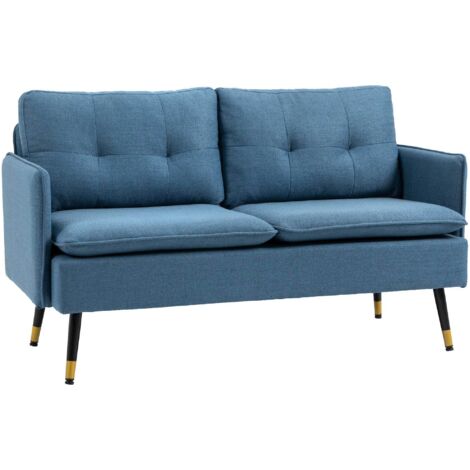 Moderno sofá de dos plazas tapizado en lino azul oscuro, con cuatro patas de acero y capacidad de 240 kg. Ideal para salón y dormitorio.