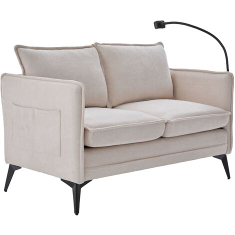Moderno sofá doble de tela beige, silla ergonómica con bolsillos laterales y soporte ajustable para teléfono, ideal para salón, dormitorio, oficina y apartamento.