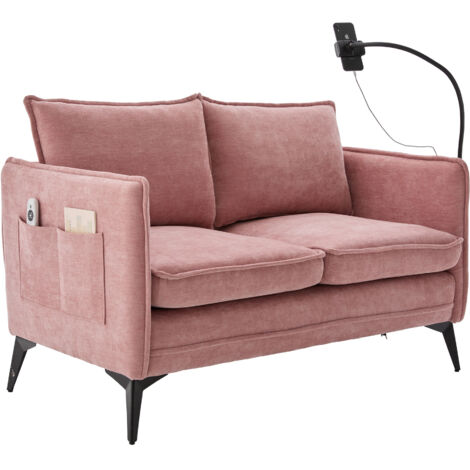 Moderno sofá doble de tela rosa, silla ergonómica con bolsillos laterales y soporte ajustable para teléfono, ideal para salón, dormitorio, oficina y apartamento.