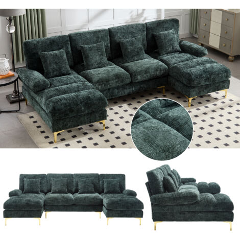 Moderno sofá seccional de chenilla verde en forma de U con asiento doble reclinable y estructura de madera, ideal para sala de estar, dormitorio, oficina, apartamento y salón de villa.