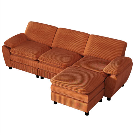 Moderno sofá seccional de terciopelo naranja, ergonómico y cómodo con reposapiés extraíble para el hogar, la sala o la oficina