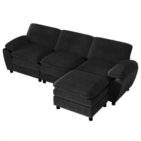 Moderno sofá seccional de terciopelo negro, ergonómico y cómodo con reposapiés extraíble para el hogar, la sala o la oficina