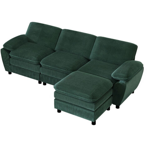 Moderno sofá seccional de terciopelo verde, ergonómico y cómodo con reposapiés extraíble para el hogar, la sala o la oficina