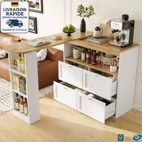 MODFU - Aparador de cocina blanco con mesa de bar giratoria de 360°, para sala y comedor, MDF, 4 cajones y 1 estante abierto