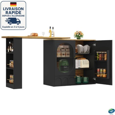 MODFU - Aparador de cocina con mesa de bar giratoria 360°, 2 puertas, con estantes extraíbles, 138/204x39x102 cm, MDF, negro