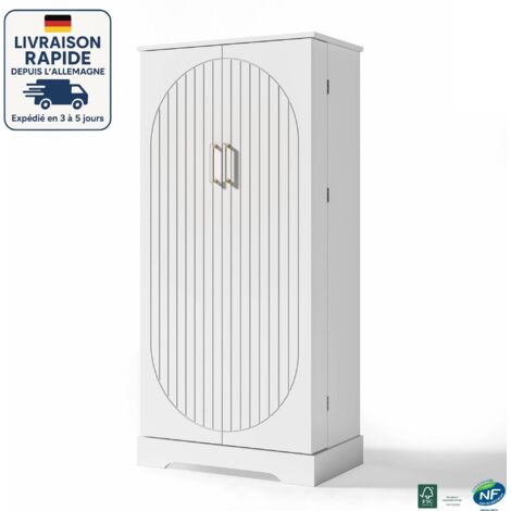 MODFU - Aparador de cocina de 2 puertas, mueble de almacenaje, con iluminación LED con sensor, estantes regulables, 60×35×128 cm, MDF, blanco, diseño lineal