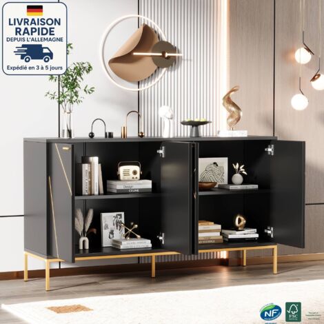 MODFU - Aparador de cocina de 4 puertas con estantes ajustables, mueble de almacenaje para la entrada del salón, patas de metal, 150×80×40 cm, negro