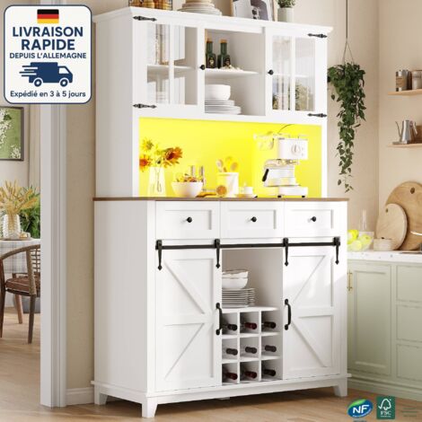 MODFU - Aparador de cocina LED, vitrina de salón, mueble de almacenaje, estantes ajustables, MDF, 4 puertas, 3 cajones, 105×38,4×180 cm, blanco