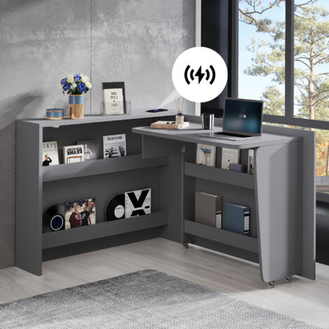 MODFU - Aparador de cocina plegable con 3 ruedas, escritorio, antivuelco, multifuncional 2 en 1, gris