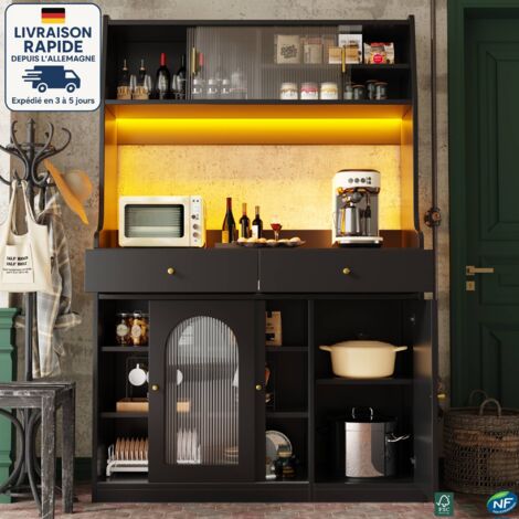 MODFU - Aparador, vitrina LED, con 3 puertas y 2 cajones, mueble de almacenaje para cocina/salón, MDF, 120×40×180cm, negro