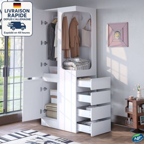 MODFU - Armadio in legno a 2 ante con vano a giorno, 4 ganci, 70x40x170 cm, 4 cassetti a destra, bianco