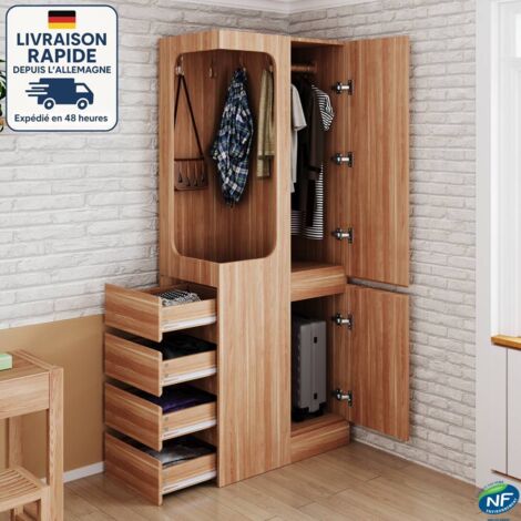 MODFU - Armadio in legno a 2 ante con vano a giorno, 4 ganci, 70x40x170 cm, 4 cassetti a sinistra, naturale
