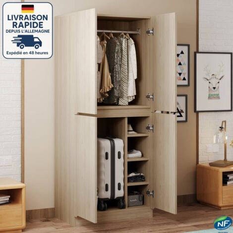 MODFU - Armadio in legno a 4 ante, armadio per camera da letto con scomparti, 1 asta appendiabiti, 70×40×170 cm, naturale