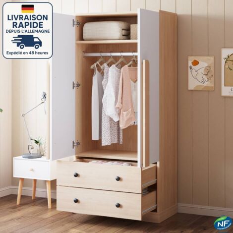 MODFU - Armario alto de 2 puertas y 2 cajones con 1 barra para colgar ropa - salón y dormitorio, 70×40×170 cm, MDF, blanco + natural
