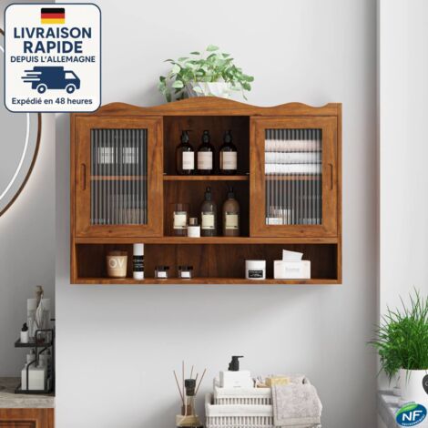 MODFU - Armario de pared ideal para cocina/sala de estar, vestidor o baño. Cuenta con 2 puertas de cristal, es de madera y color marrón.
