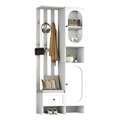 MODFU-Armario, mueble de entrada para dormitorio, con taburete, 6 ganchos, 2 puertas y 1 cajón, 85x33,5x200cm, blanco