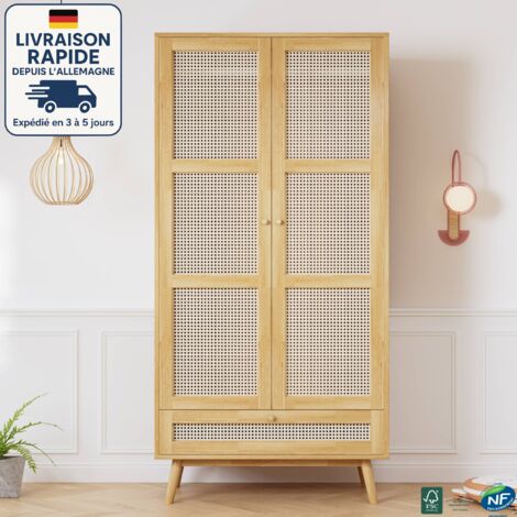 MODFU - Armoire 183cm 2 portes 1 tringle à vêtements, meuble haut chambre et salon, porte en rotin, naturel