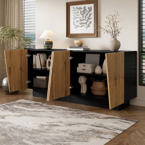 MODFU - Buffet 160 x 72 x 40 cm, grand rangement, design géométrique, panneau de particules, noir et bois