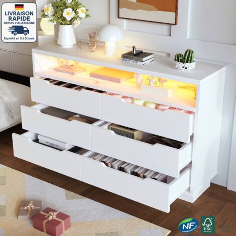 Modfu – Buffet blanc 120x40x85cm avec 6 tiroirs – Éclairage LED réglable – Aggloméré avec finition effet marbre – Rangement silencieux et sécurisé