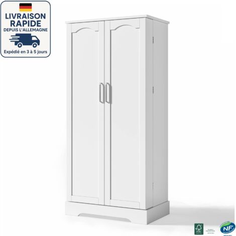 MODFU - Buffet de cuisine 2 portes, meuble de rangement, avec éclairage LED à capteur, étagères réglables, 60×35×128cm, MDF, blanc