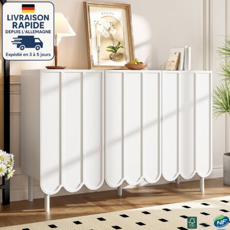 MODFU - Buffet de cuisine 3 portes, avec étagères et pieds réglables, meuble de rangement d'entrée de salon, MDF, 120×35×80cm, blanc