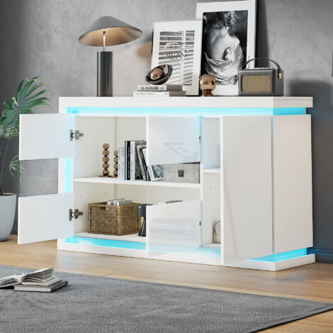 MODFU-Buffet de cuisine LED, meuble de rangement salon,avec étagères réglables, 140×40×84cm, 3 portes