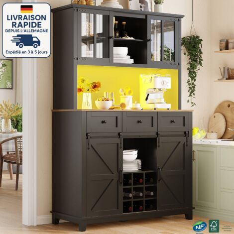 MODFU - Buffet de cuisine LED, vitrine de salon, meuble de rangement, étagères réglables, MDF, 4 portes 3 tiroirs, 105×38,4×180cm, noir