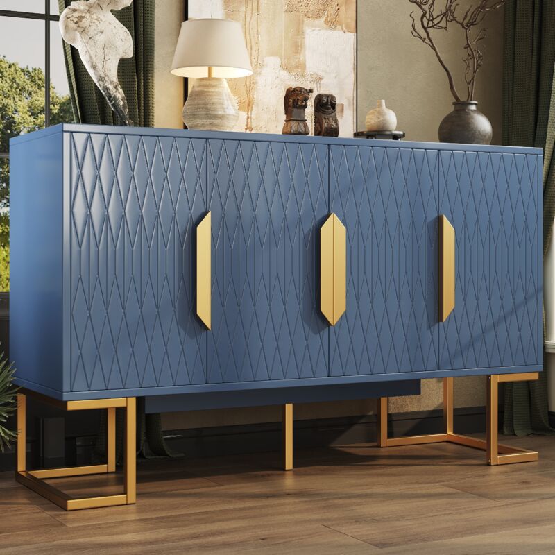 MODFU - Buffet de cuisine salon, meuble de rangement 4 portes, étagères réglables, MDF et métal, 140x40x80 cm, bleu