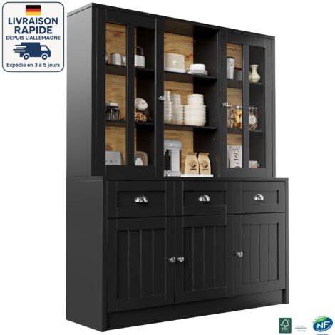 MODFU - Buffet de cuisine, vitrine de salon, 5 portes 3 tiroirs, meuble haut, 140×40×175cm, MDF, avec dispositif anti-basculement, noir