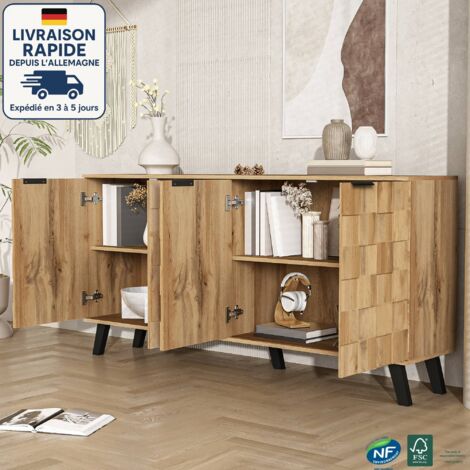 Modfu – Buffet moderne 160,5 x 35,5 x 78 cm – 4 portes avec motifs géométriques – 2 étagères réglables – Construction en aggloméré durable