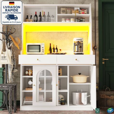 MODFU - Buffet, vitrine LED, avec 3 portes et 2 tiroirs, meuble de rangement de cuisine/salon, MDF, 120Ă—40Ă—180cm, blanc