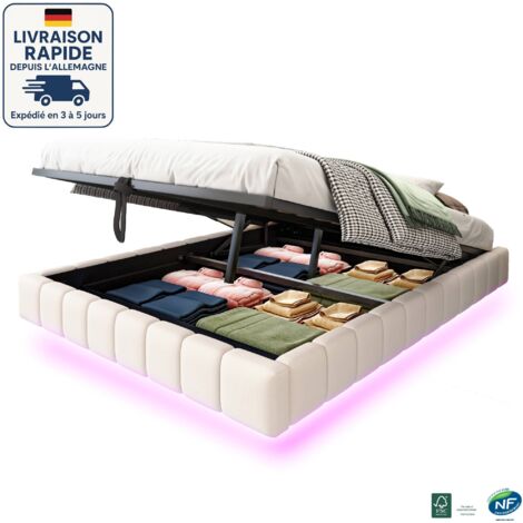 MODFU - Cama abatible para adultos 140×200cm, hidráulica, con LED, somier tapizado, sin cabecero, sin colchón, lino, beige