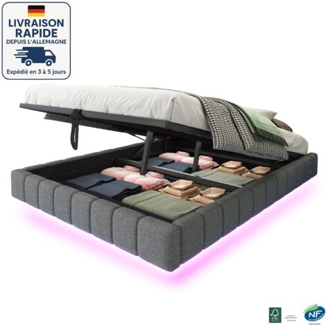 MODFU - Cama abatible para adultos 160×200cm, hidráulica, con LED, somier tapizado, sin cabecero, sin colchón, lino, gris