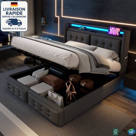 MODFU - Cama abatible para adultos 160x200 cm LED en lino, hidráulica, somier tapizado, con colchón, USB+Tipo C, gris