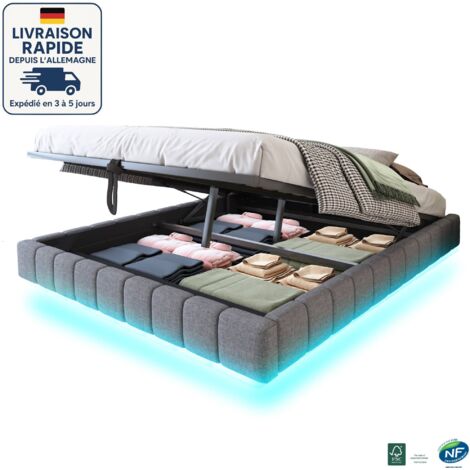 MODFU - Cama abatible para adultos 180×200cm, hidráulica, con LED, somier tapizado, sin cabecero, sin colchón, lino, gris