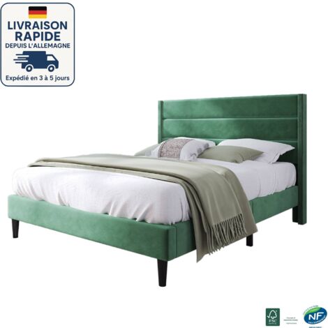 MODFU - Cama adulto 140x200cm, cama doble tapizada, somier de láminas, colchón incluido, ropa de cama, verde
