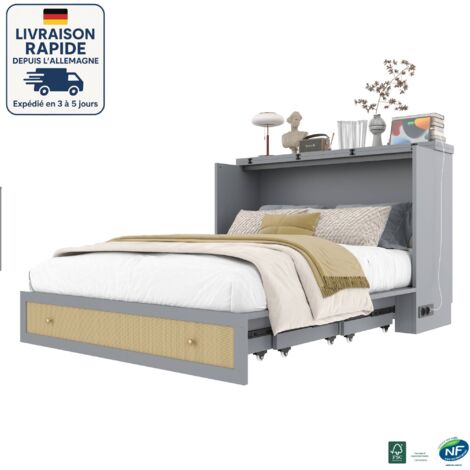 MODFU - Cama adulto 140x200cm, cama nido, convertible multifuncional, con USB y enchufe, sin colchón, MDF, gris