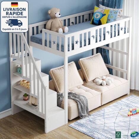 MODFU - Cama alta de madera para 1 persona 90×200cm, cama infantil con escalera de almacenaje, estampado de estrellas y lunas, sin colchón, color blanco
