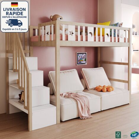 MODFU - Cama alta de madera para 1 persona 90×200cm, cama infantil con escalera de almacenaje, estampado de estrellas y lunas, sin colchón, color natural
