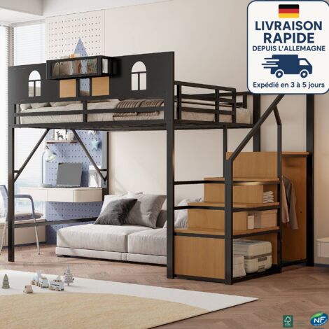 MODFU - Cama alta de metal de 140x200cm, cama para adultos y niños con escalera de almacenaje y armario, protección anticaídas, color negro + natural