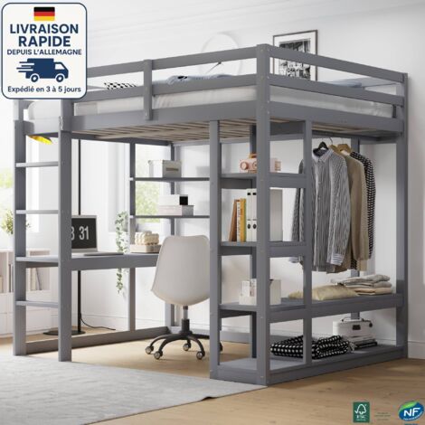 MODFU - Cama alta infantil de madera 140×200cm con escritorio y estante, 1 barra para ropa, protección anticaídas, sin colchón, color gris