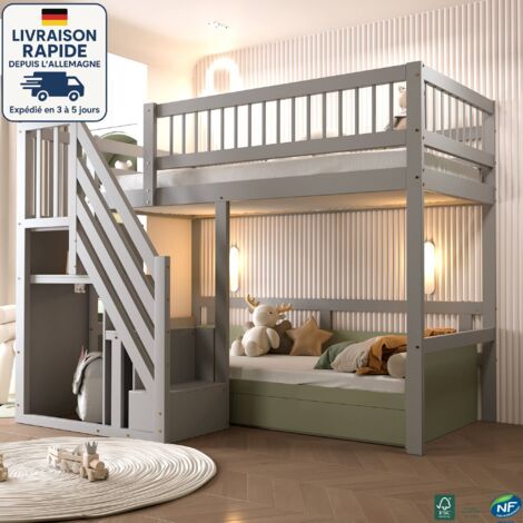 MODFU - Cama alta infantil de madera 90×200cm 1 persona, con almacenaje, cama juvenil, sin colchón, anticaída, color gris