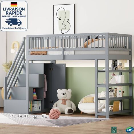 MODFU - Cama alta infantil de madera 90x200cm con almacenaje, 4 estantes, 1 armario, escalera de almacenaje, sin colchón, color gris