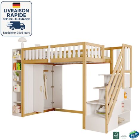 MODFU - Cama alta infantil de madera 90x200cm con escalera de almacenaje, balda + armario, protección anticaídas, sin colchón, blanco + natural