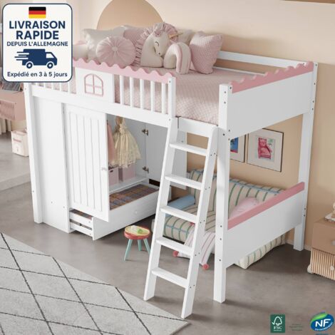 MODFU - Cama alta infantil de madera 90x200cm con LED, sin colchón, blanca, 1 armario + 1 cajón