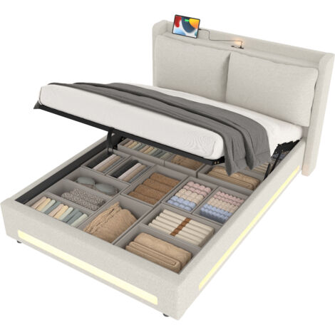 MODFU - Cama doble con almacenaje 140x200 cm, tapizada en terciopelo, para adultos, con puerto USB-C, cojines extraíbles, somier de láminas tapizado, colchón no incluido, color beige