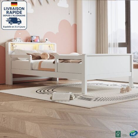 MODFU - Cama infantil 90×200cm, cabecero con almacenaje, USB+Tipo C, LED, individual, pino, sin colchón, color blanco